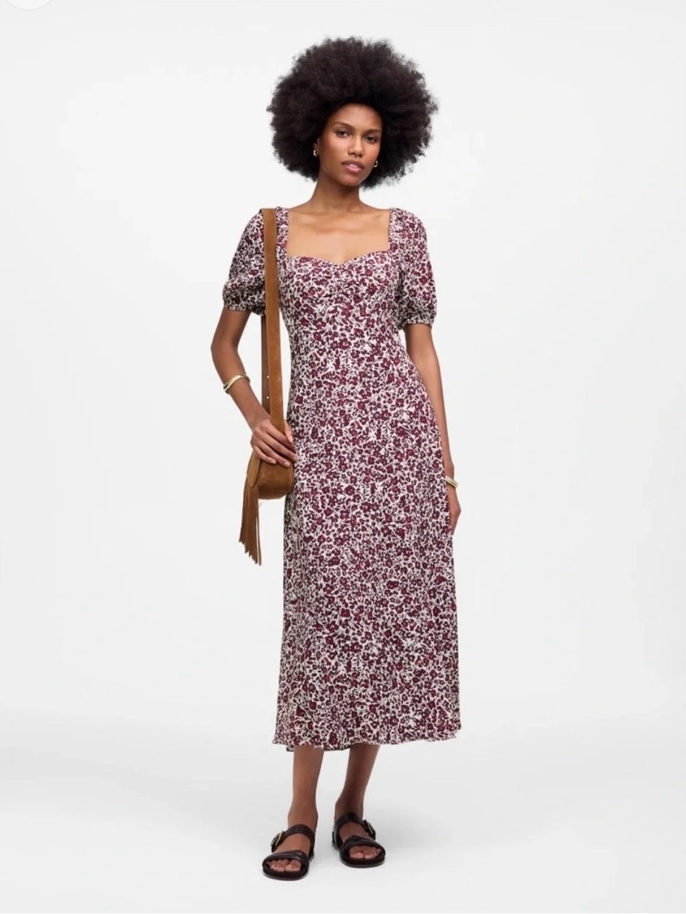 Madewell Burgundy Floral Puff-Sleeve Midi Dress on White
